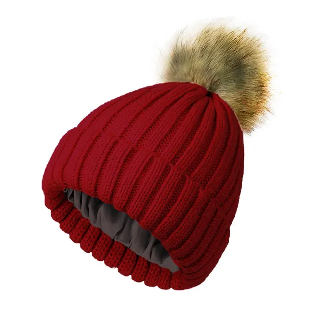 Soft Beanie Fluffy Ball Cap Warm Knitted Hat Wine Red - Shop at LoveMi