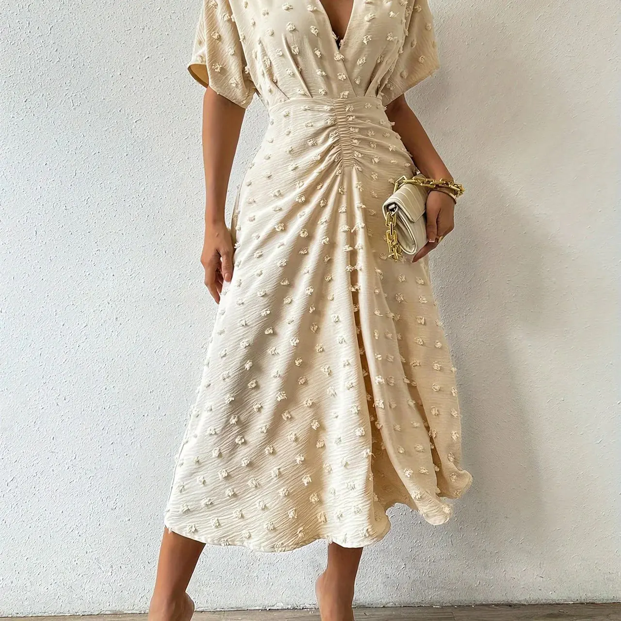 Summer New Fur Ball Ruffle Sleeve V-neck Waist Tied Dress - Beige