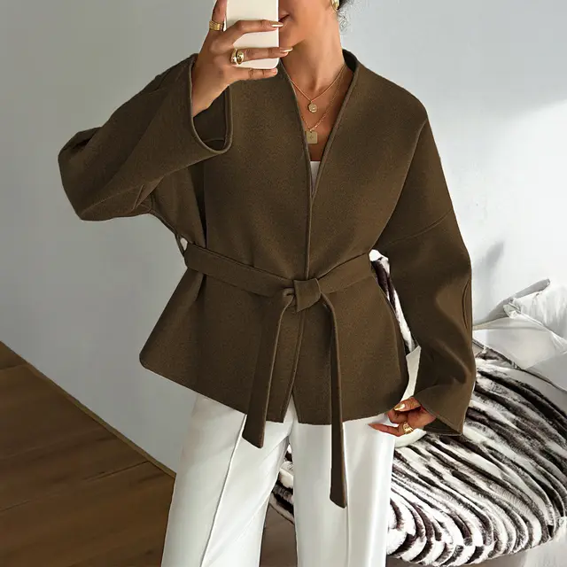 Casual Vacation Strap Long Sleeve Suit Coat Women's Clothing Brown - Shop at LoveMi