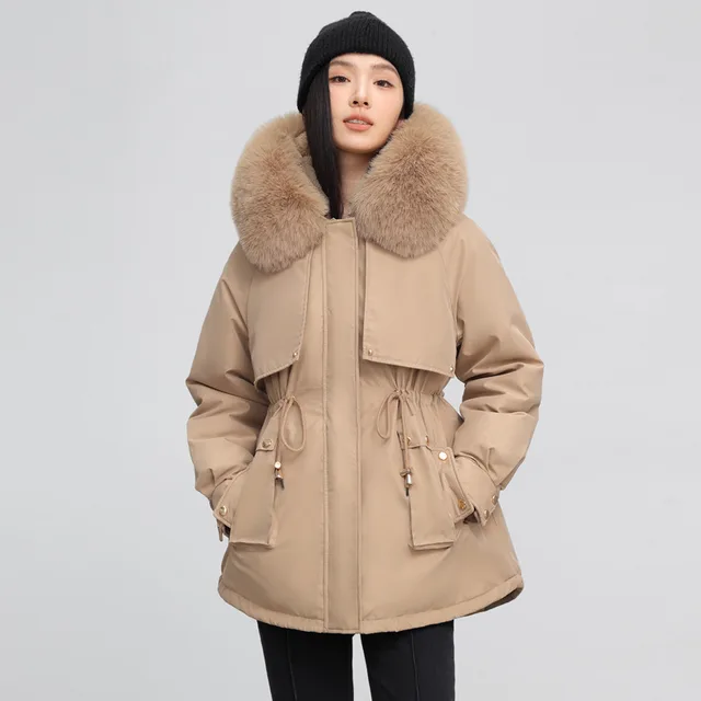 Women's Waist tight Slimming Hooded Big Fur Collar Thermal Cotton padded Clothes Khaki - Shop at LoveMi