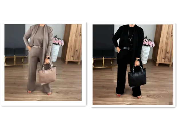 Round Neck Long Sleeve Top Belt Comfortable Blouse And Pants Light Brown And Black - Shop at LoveMi