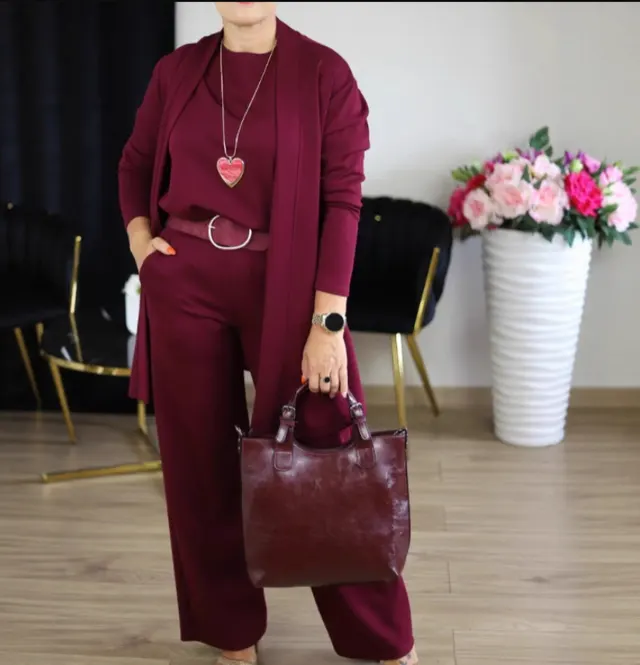 Round Neck Long Sleeve Top Belt Comfortable Blouse And Pants Red - Shop at LoveMi