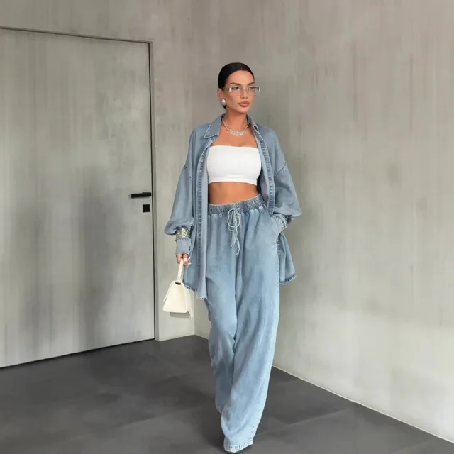Women's Denim Long Sleeve Button Wide Leg Suit Light Blue - Shop at LoveMi