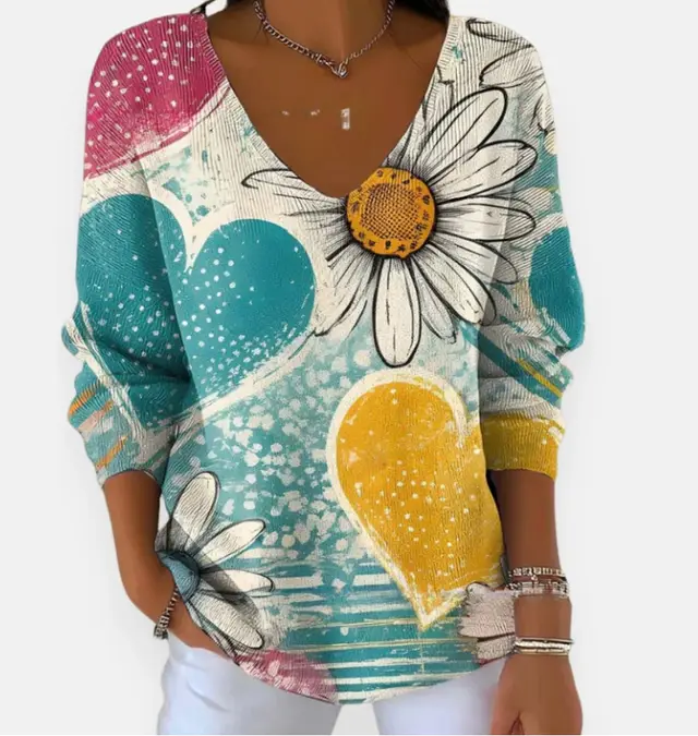 Printed Women's Gradient Color V neck Long sleeved T shirt Ln25090310 - Shop at LoveMi