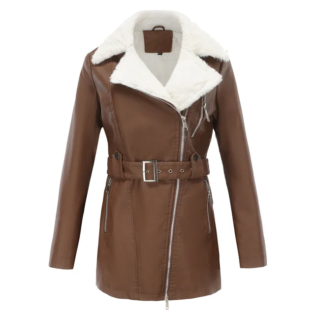 Long Sleeve Fleece Leather Jacket Women Brown - Shop at LoveMi