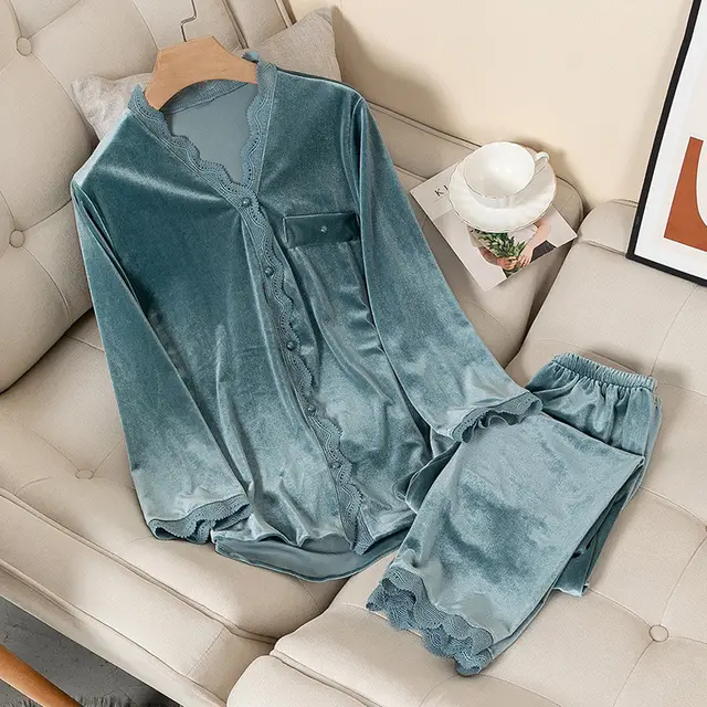 Gold Velvet Pajamas Women's Two piece Suit Matte Green - Shop at LoveMi