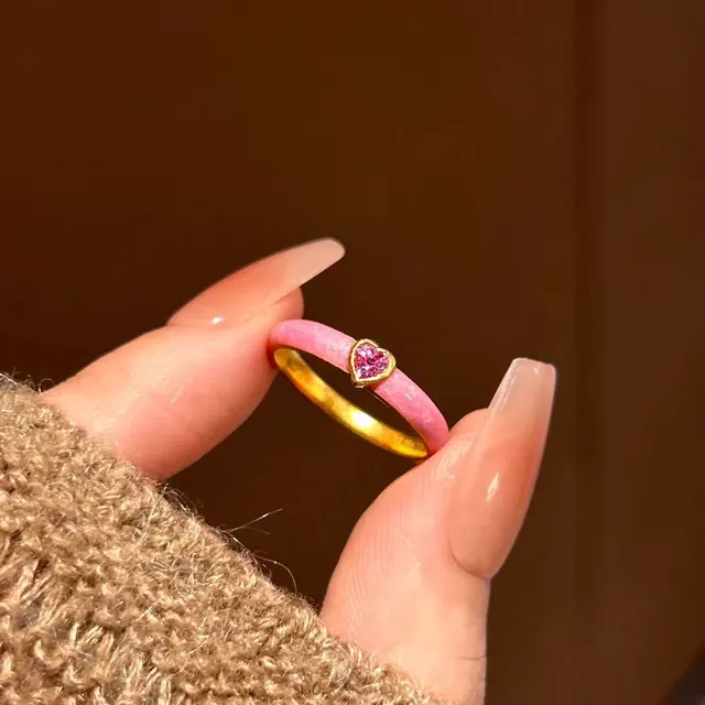 Dopamine Color Zircon Enamel Ring Pink Heart Spot Drill - Shop at LoveMi