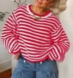 Vintage Stripe Knitted Round Neck Outerwear Loose Contrast Color Sweater Red - Shop at LoveMi