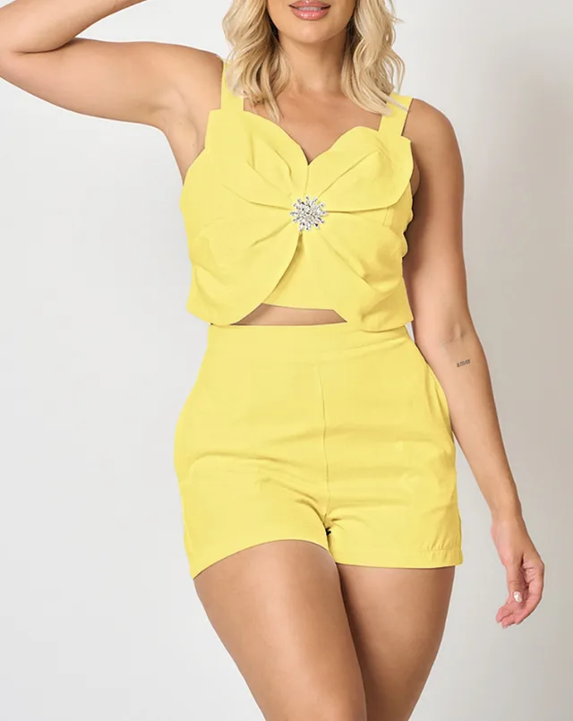 Fashion Casual Vest Shorts Set Women's Clothing Yellow - Shop at LoveMi