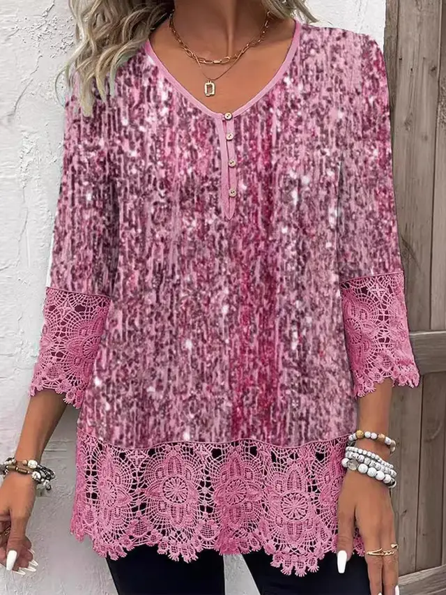 V neck Buttons Solid Color Top T shirt Women's Fashion Picture Style - Shop at LoveMi