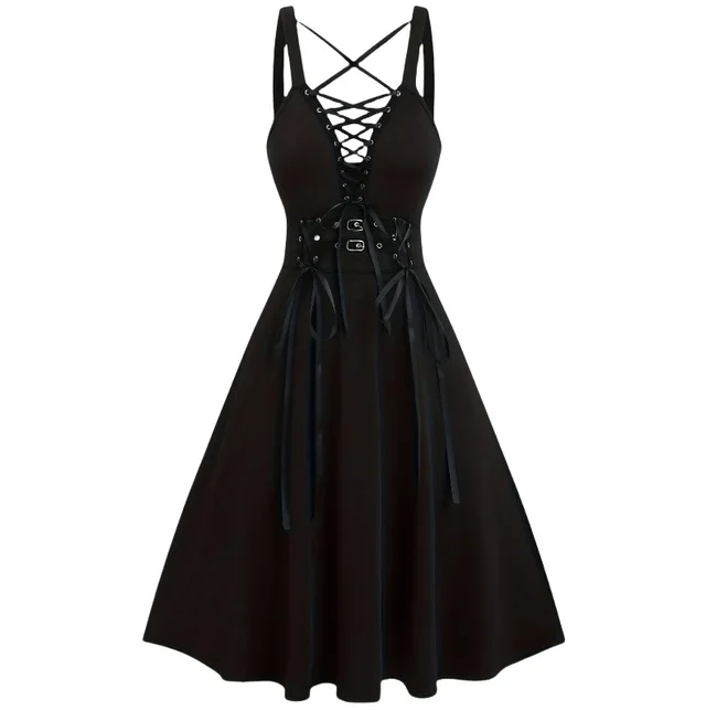 Gothic Lace up Buckle Cross Deep V neck Solid Color High Waist A Line Plus Size Dress Black - Shop at LoveMi