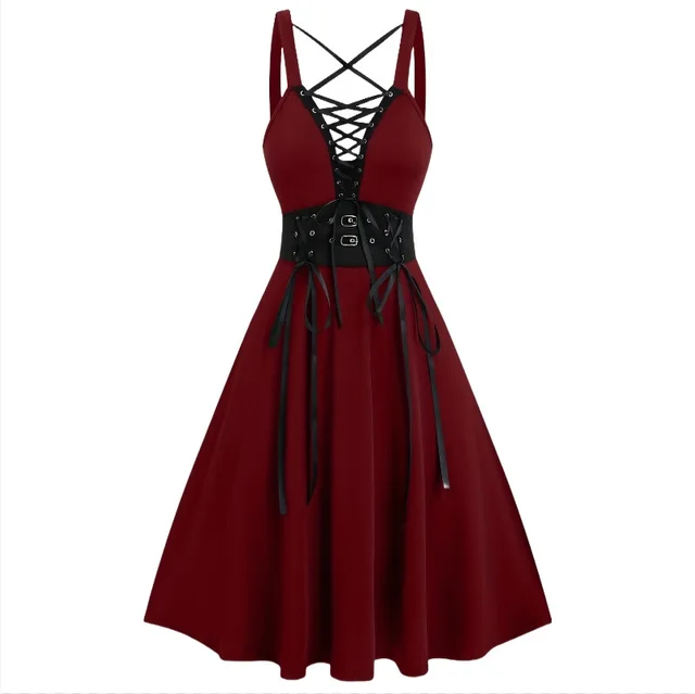 Gothic Lace up Buckle Cross Deep V neck Solid Color High Waist A Line Plus Size Dress Wine Red - Shop at LoveMi