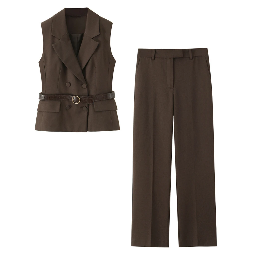 Women's Fashion Belt Vest Straight Suit - Set