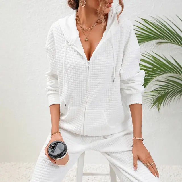 European And American Women's Clothing Texture Plaid Casual Zipper Sweater Coat White - Shop at LoveMi