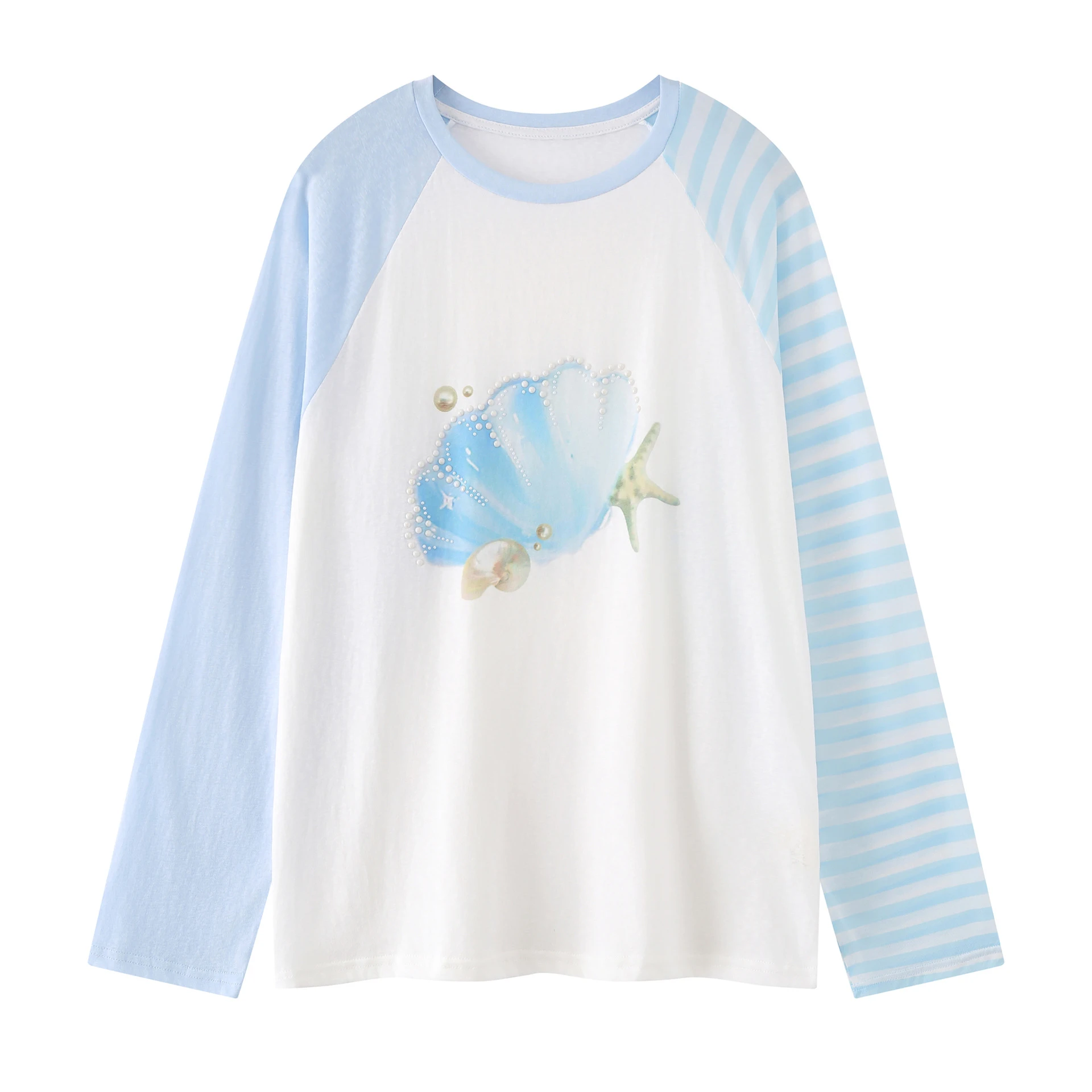 Sweet Girl Pattern Color Contrast Long Sleeve T-shirt - Blue