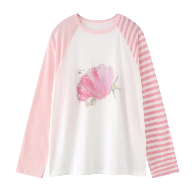 Sweet Girl Pattern Color Contrast Long Sleeve T shirt Pink - Shop at LoveMi
