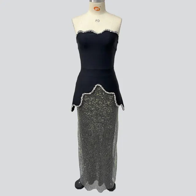 Black Crystal Tube Top Bandage Top High Waist Long Skirt Two piece Suit Black - Shop at LoveMi