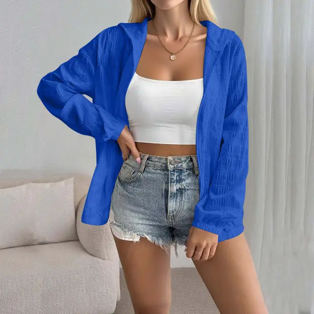 Women's Solid Color Jacquard Long Sleeve Cardigan Top Blue - Shop at LoveMi