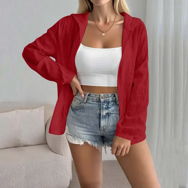 Women's Solid Color Jacquard Long Sleeve Cardigan Top Brick Red - Shop at LoveMi