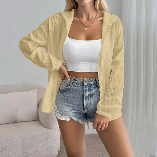 Women's Solid Color Jacquard Long Sleeve Cardigan Top Ginger Yellow - Shop at LoveMi