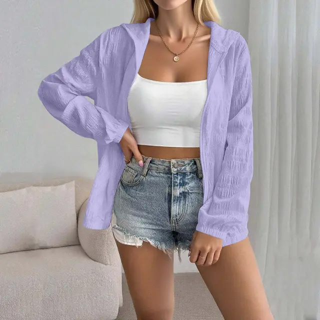 Women's Solid Color Jacquard Long Sleeve Cardigan Top Light Purple - Shop at LoveMi