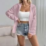 Women's Solid Color Jacquard Long Sleeve Cardigan Top - Lotus Root Color-S - View 1