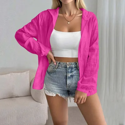 Women's Solid Color Jacquard Long Sleeve Cardigan Top Rose - Shop at LoveMi