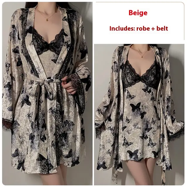 Sweet Butterfly Jacquard Deep V Plus Chest Pad Women's Suspender Nightdress Velvet Outerwear Dress Suit Beige Outerwear Gown - Shop at LoveMi
