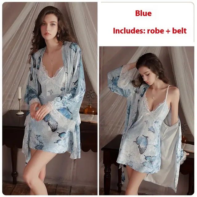 Sweet Butterfly Jacquard Deep V Plus Chest Pad Women's Suspender Nightdress Velvet Outerwear Dress Suit Blue Outerwear Gown - Shop at LoveMi
