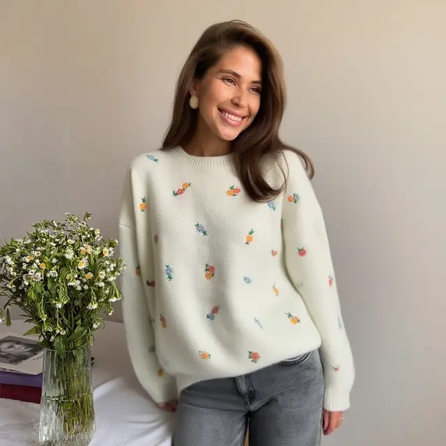 Crew Neck Pullover Embroidered Flower Sweater White - Shop at LoveMi