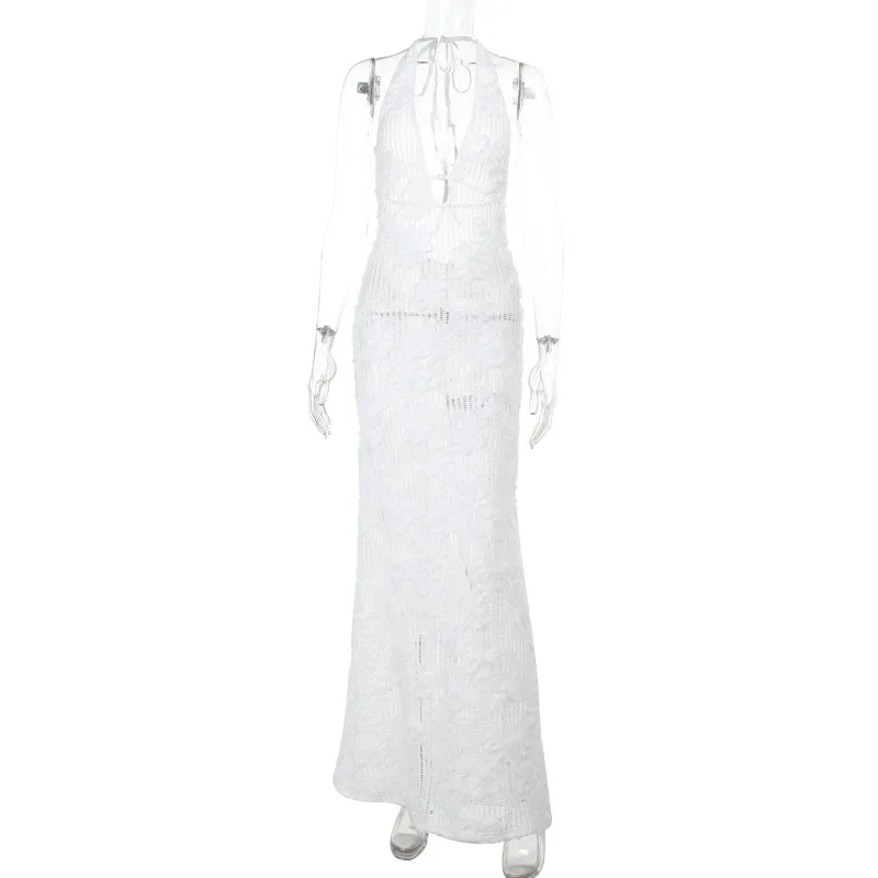 European And American Summer Tube Top Jacquard Material Halter Seaside Vacation Tight Dress - White - View 1