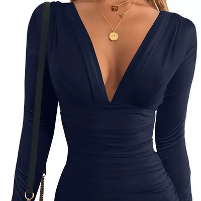 New V neck Long Sleeve High Waist Sheath Dress For Women Blue - Shop at LoveMi