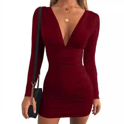 New V neck Long Sleeve High Waist Sheath Dress For Women Red - Shop at LoveMi