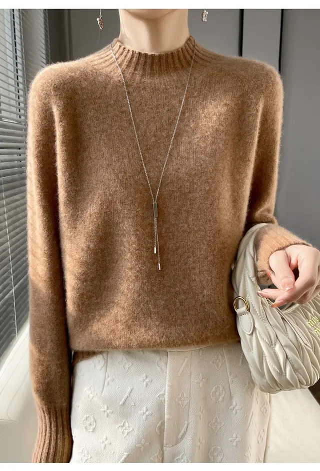 Thickened Half high Collar Pure Wool Sweater Women's Seamless Sweaters Bottoming Shirt Golden Camel - Shop at LoveMi