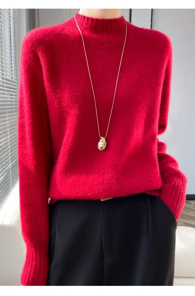 Thickened Half high Collar Pure Wool Sweater Women's Seamless Sweaters Bottoming Shirt Red - Shop at LoveMi