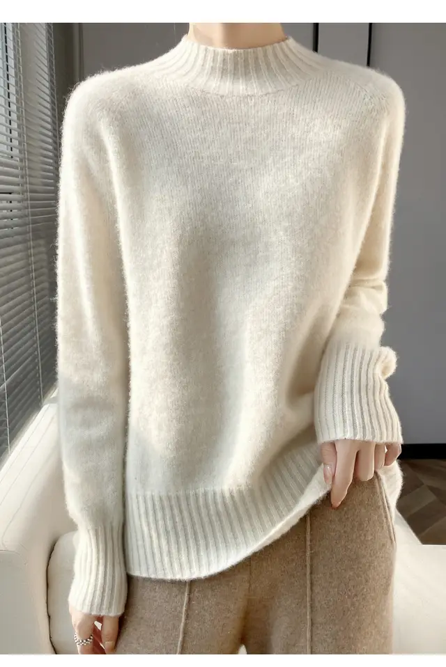 Thickened Half high Collar Pure Wool Sweater Women's Seamless Sweaters Bottoming Shirt White - Shop at LoveMi