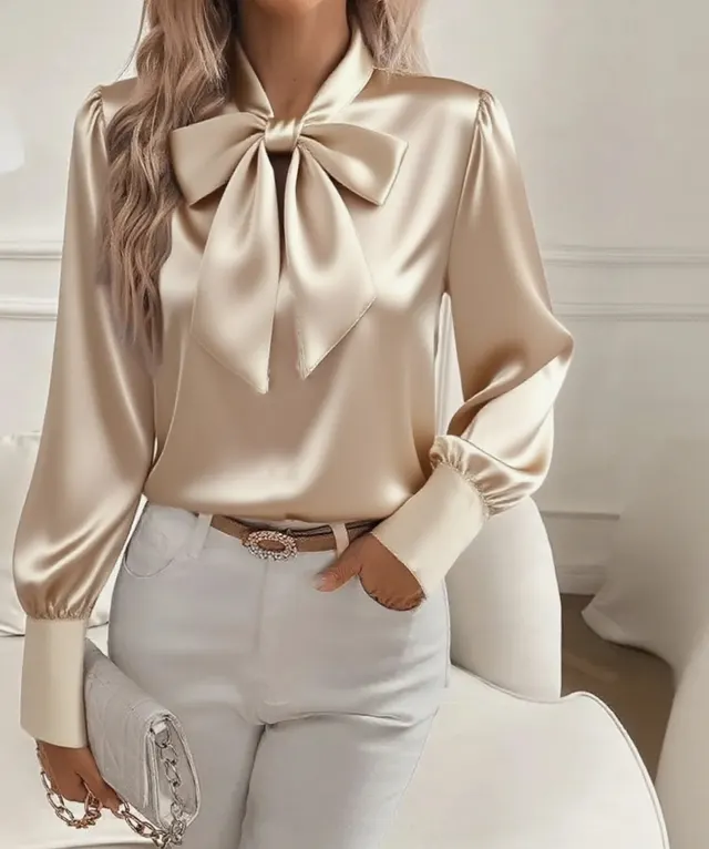 Women's Pure Color Casual Versatile Bow Satin Shirt Khaki - Shop at LoveMi