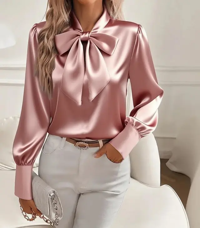 Women's Pure Color Casual Versatile Bow Satin Shirt Pink - Shop at LoveMi