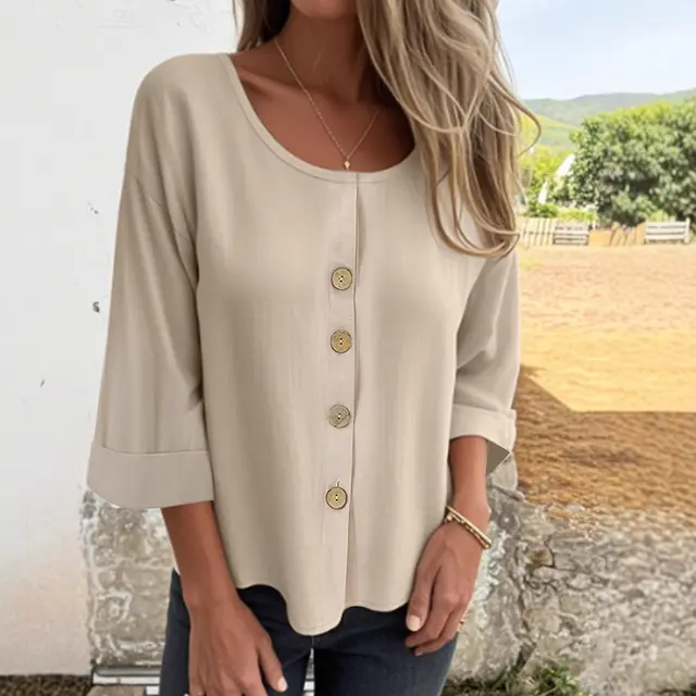 Women's Fashionable Round Neck Cotton And Linen Top Apricot - Shop at LoveMi