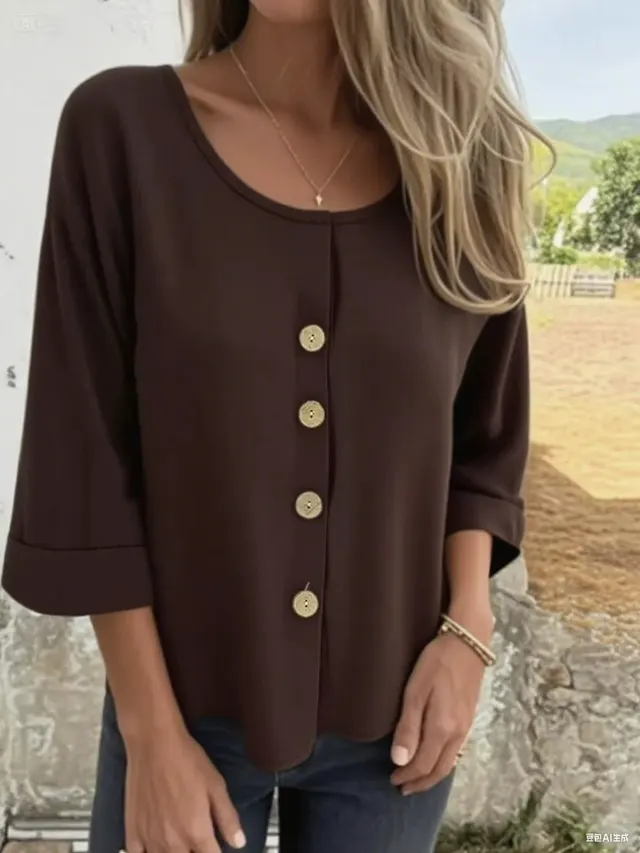 Women's Fashionable Round Neck Cotton And Linen Top Dark Brown - Shop at LoveMi