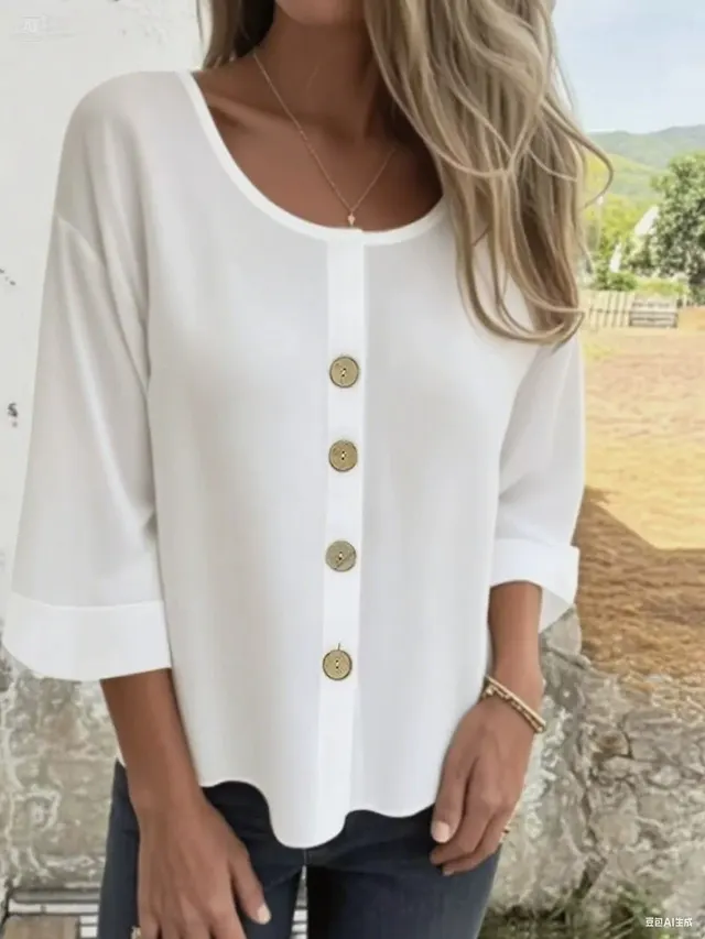 Women's Fashionable Round Neck Cotton And Linen Top White - Shop at LoveMi