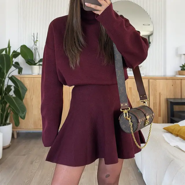 Casual Vacation Style Sweater Long Sleeve Skirt Dress Women's Clothing Wine Red - Shop at LoveMi
