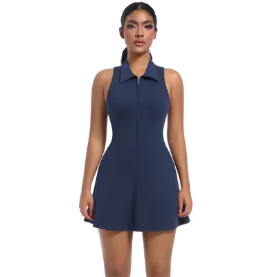 Women's Solid Color Casual Sports Lapel Dress Navy Blue - Shop at LoveMi