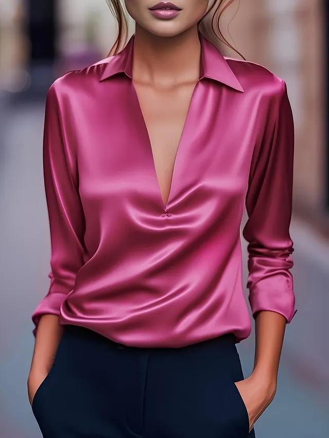 Solid Color Simple V neck Shirt Long Sleeve Shirt Rose Red - Shop at LoveMi