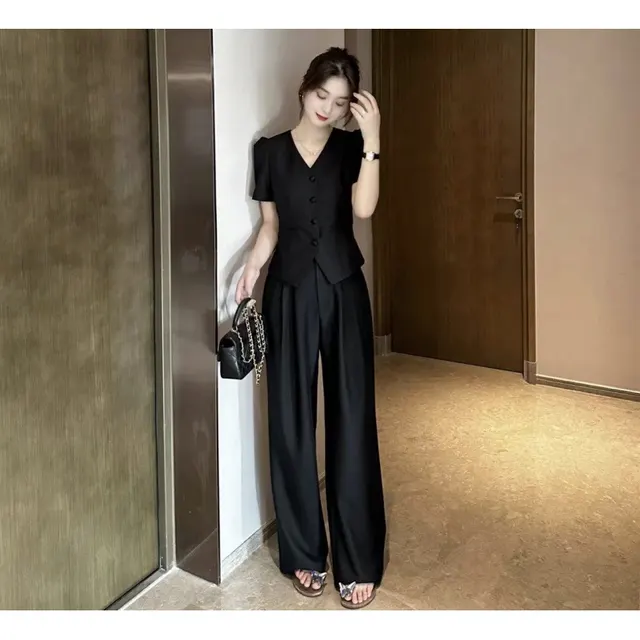 New Flattering Short Sleeve Top Casual Wide leg Pants Two piece Set For Women Black Suit - Shop at LoveMi