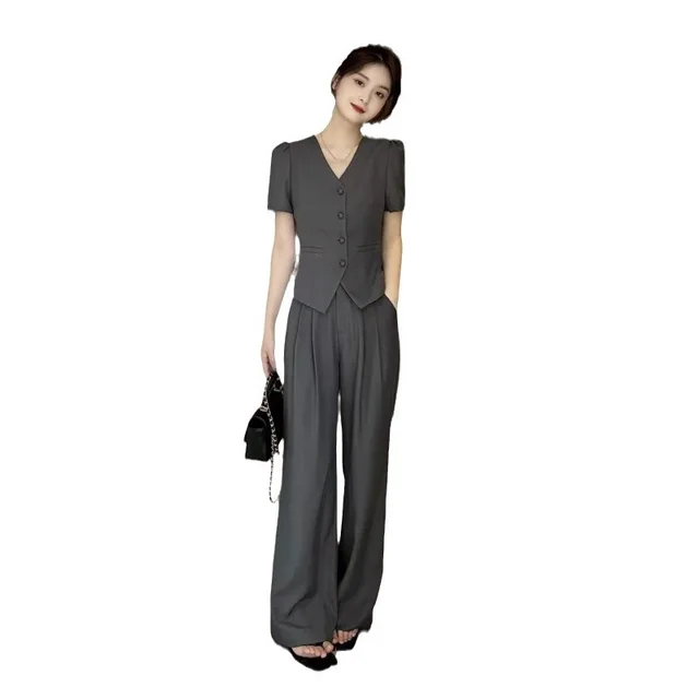 New Flattering Short Sleeve Top Casual Wide leg Pants Two piece Set For Women Gray Suit - Shop at LoveMi
