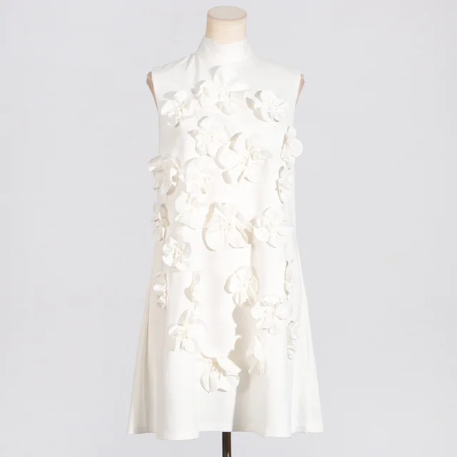 Short Skirt Stand up Collar Tie Bow Three dimensional Flower Dress White - Shop at LoveMi