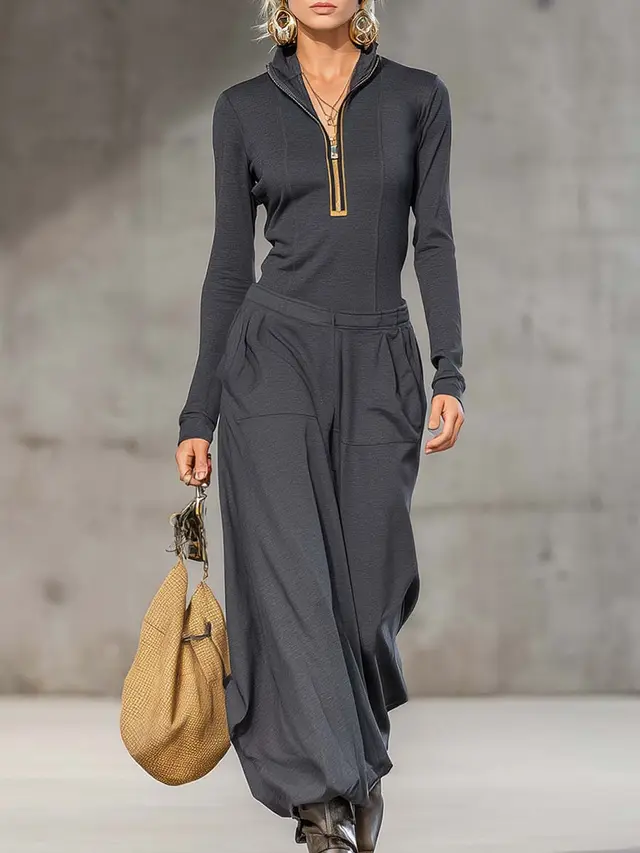 Top Wide Leg Pocket Trousers Two piece Set Dark Gray - Shop at LoveMi