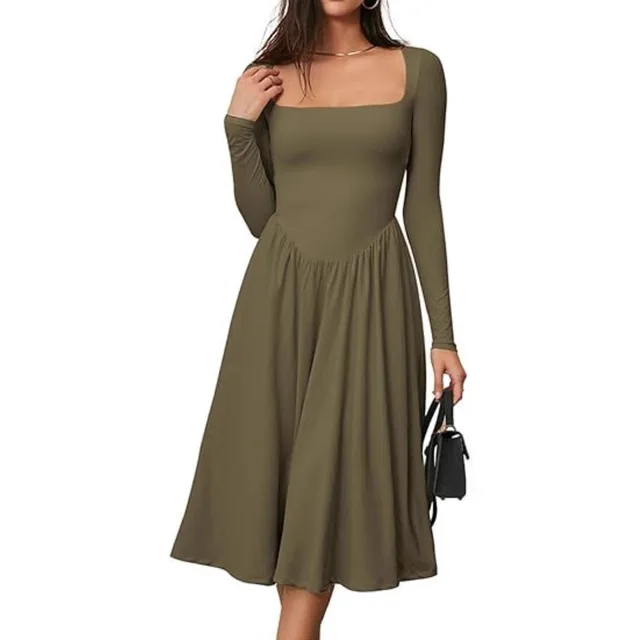Women's Solid Color Long Sleeve Bottoming Dress Army Green - Shop at LoveMi