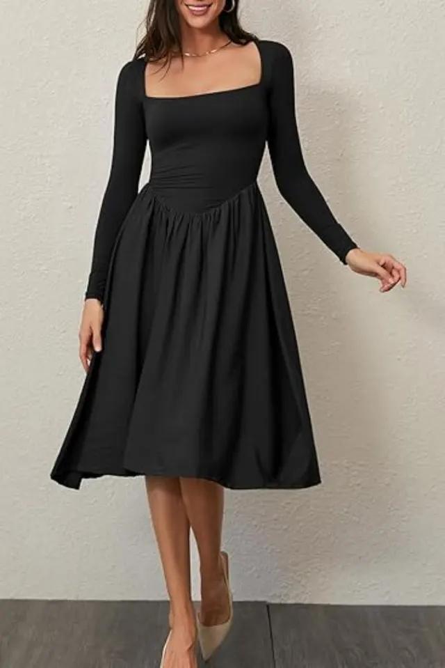 Women's Solid Color Long Sleeve Bottoming Dress Black - Shop at LoveMi